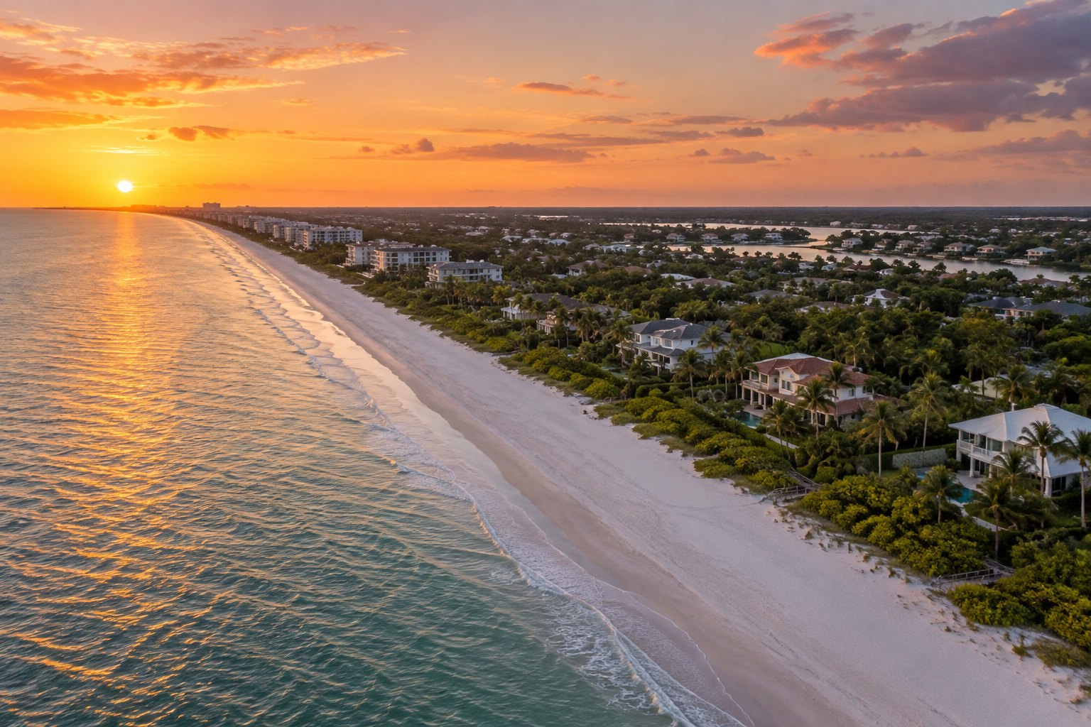 Aerial view of a Naples coastline at sunset, illustrative
