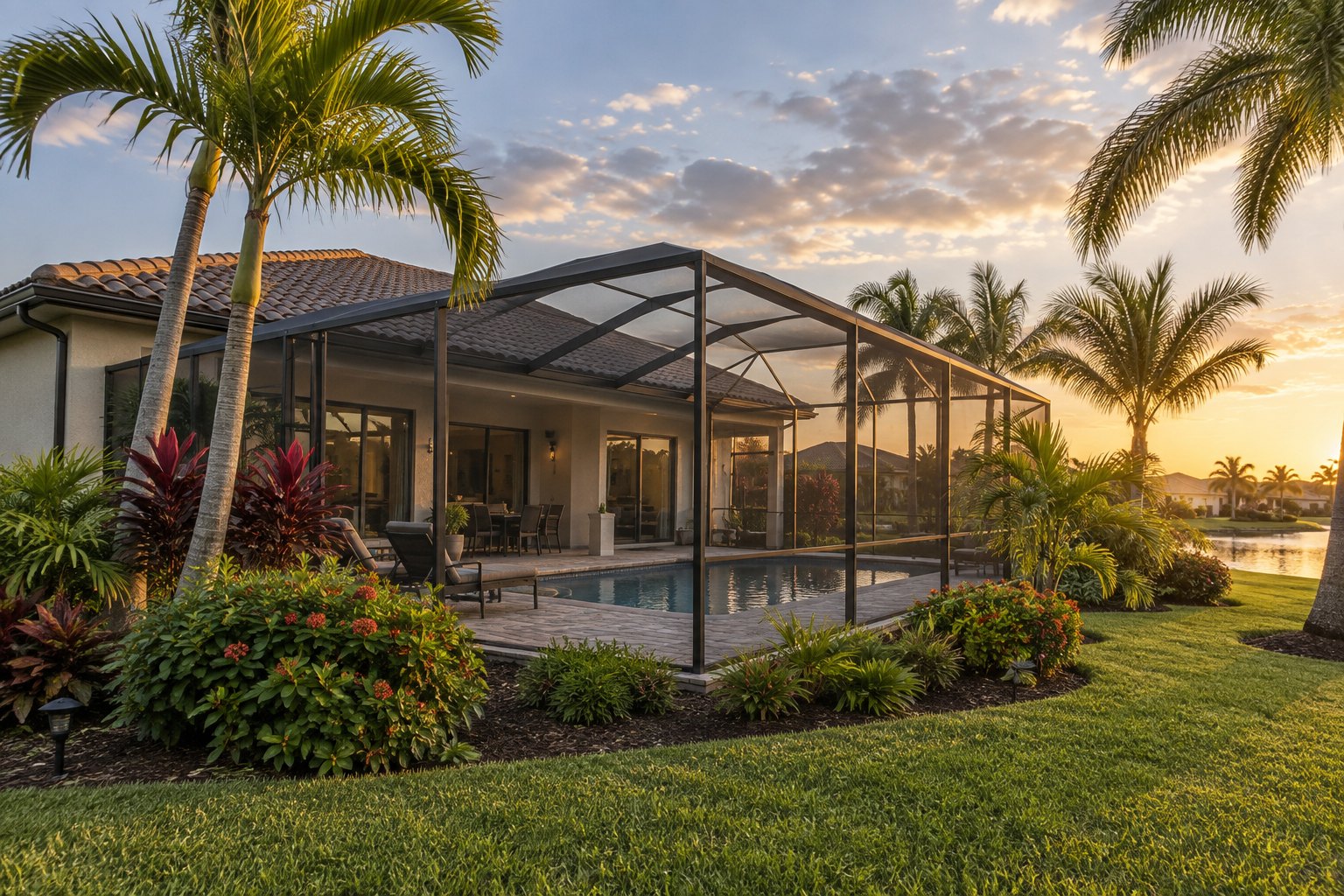 A Southwest Florida home with a screened pool lanai, illustrative