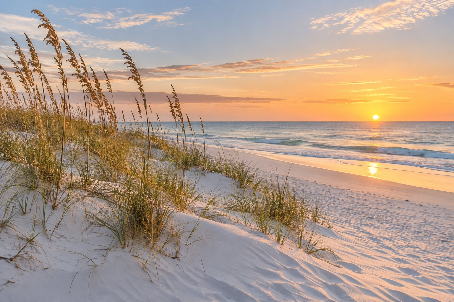 A quiet Gulf beach at sunrise, illustrative